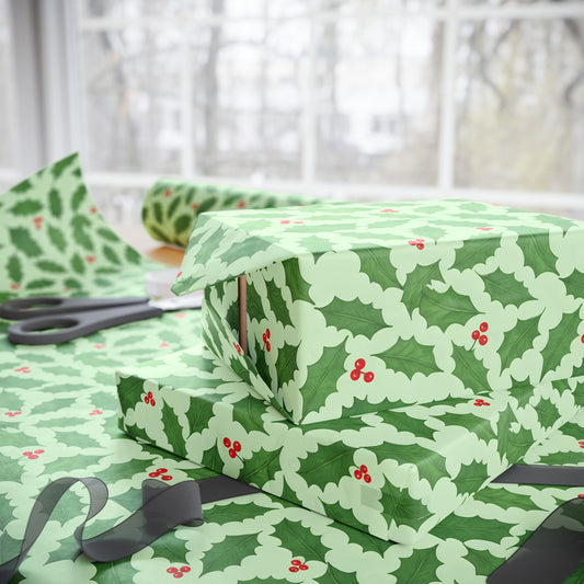Festive Holiday Wrapping Paper - Green Holly Design