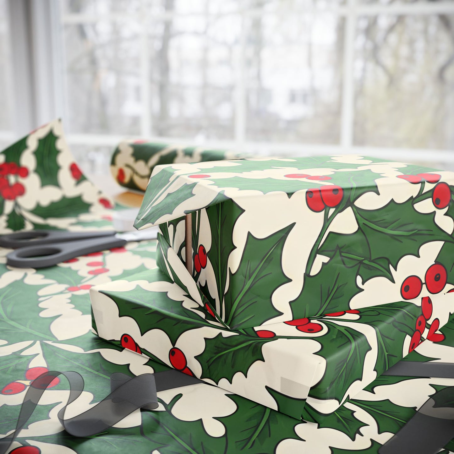 Holiday Gift Wrapping Paper with Holly and Berries Design