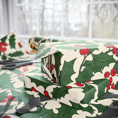 Holiday Gift Wrapping Paper with Holly and Berries Design