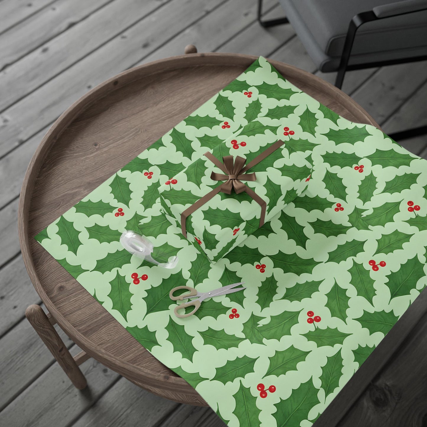 Festive Holiday Wrapping Paper - Green Holly Design