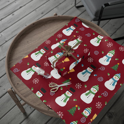 Snowman Holiday Wrapping Paper - Festive Red Gift Wrap for Christmas & Winter Celebrations