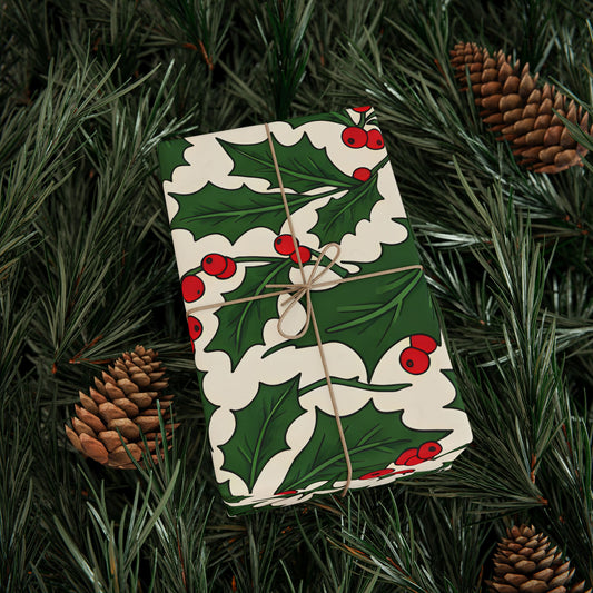 Holiday Gift Wrapping Paper with Holly and Berries Design