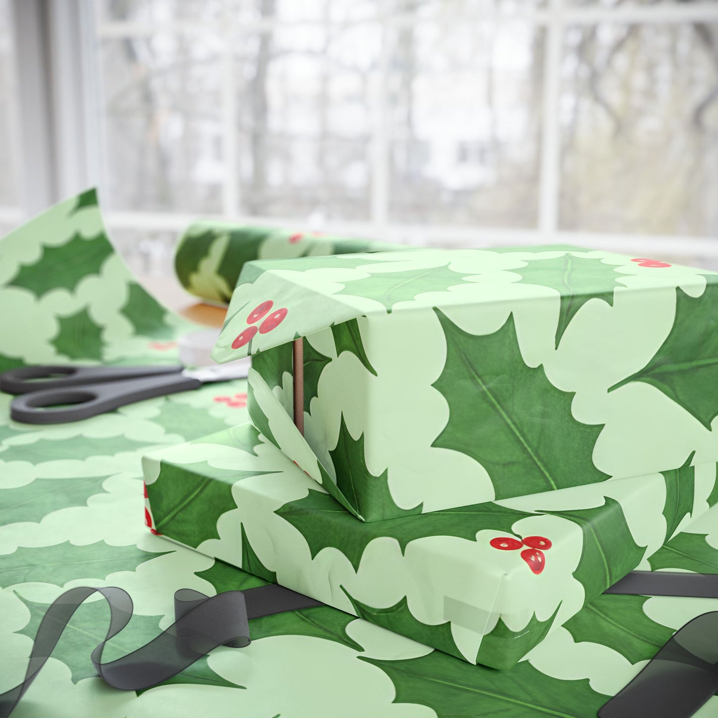 Festive Holiday Wrapping Paper - Green Holly Design