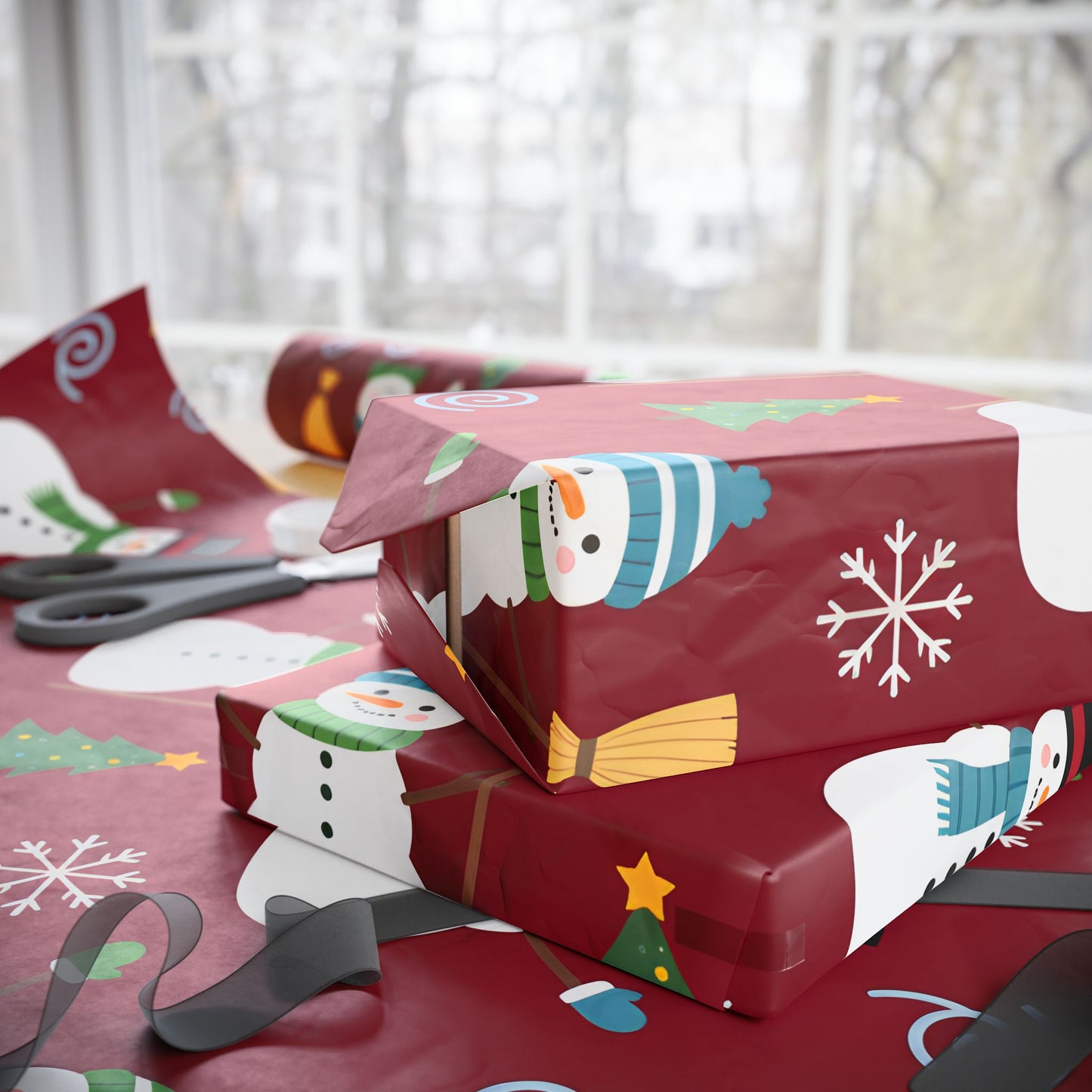 Snowman Holiday Wrapping Paper - Festive Red Gift Wrap for Christmas & Winter Celebrations