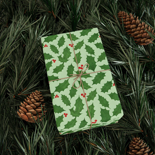 Festive Holiday Wrapping Paper - Green Holly Design