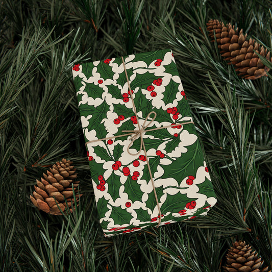 Holiday Gift Wrapping Paper with Holly and Berries Design