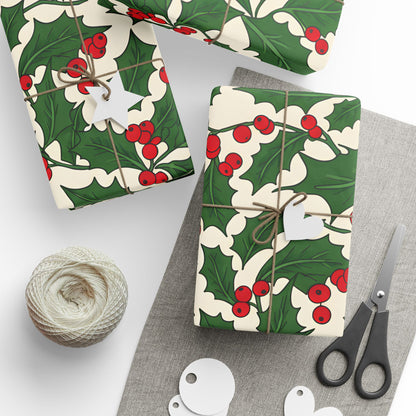 Holiday Gift Wrapping Paper with Holly and Berries Design